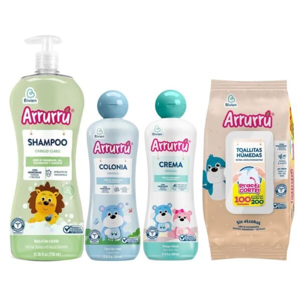 Arrurru Shampoo Cabello Claro x 750ml Colonia Arrurru Azul x 400ml  Crema x 400ml y toallita arrurru x 100 un (4 Pack)