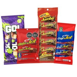 Chocolatina Gol, Chocolatina Jumbo Mini, Galleta Wafer Jet, Chocolatina Cruji Jet (4 Pack) Snacks Colombianos