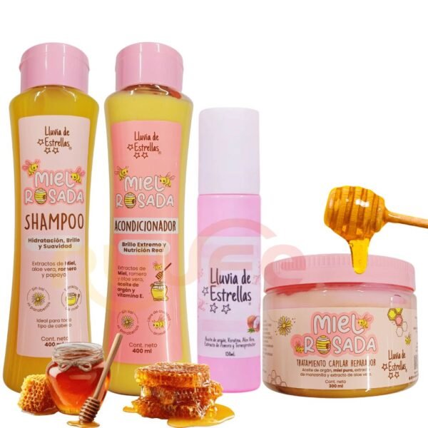 Lluvia de Estrellas shampoo de miel rosada x 400ml Acondicionador de Miel rosada de lluvia de estrellas x 400ml Perfume capilar Candy x 150ml y Tratamiento capilar de Miel x 300ml (4 Pack)