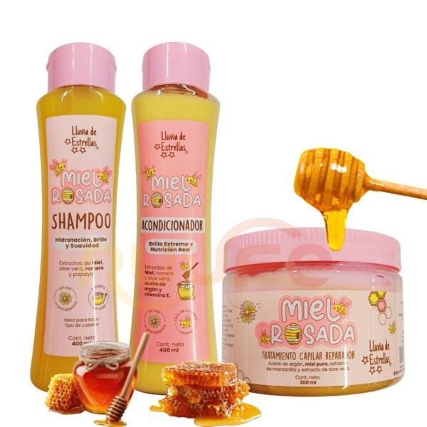 Lluvia de Estrellas shampoo de miel rosada x 400ml Acondicionador de Miel rosada de lluvia de estrellas x 400ml y Tratamiento capilar de Miel x 300ml (3 Pack)