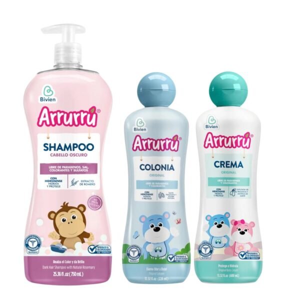 Arrurru Shampoo Cabello Oscuro x 750ml Colonia Arrurru Azul x 400ml y Crema x 400ml (3 Pack)
