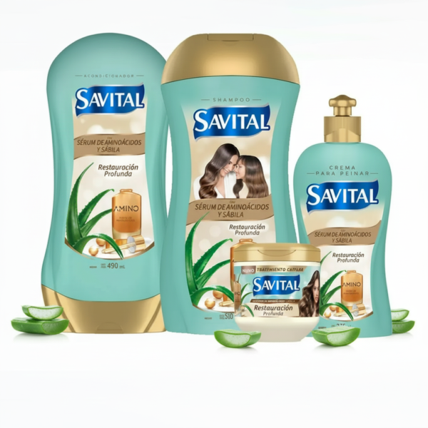 Savital Shampoo Aminoacidos 510mL, Acondicionador Aminoacidos 490mL, Tratamiento Aminoacidos 425mL, Crema para peinar Aminoacidos 275mL (4 Pack)