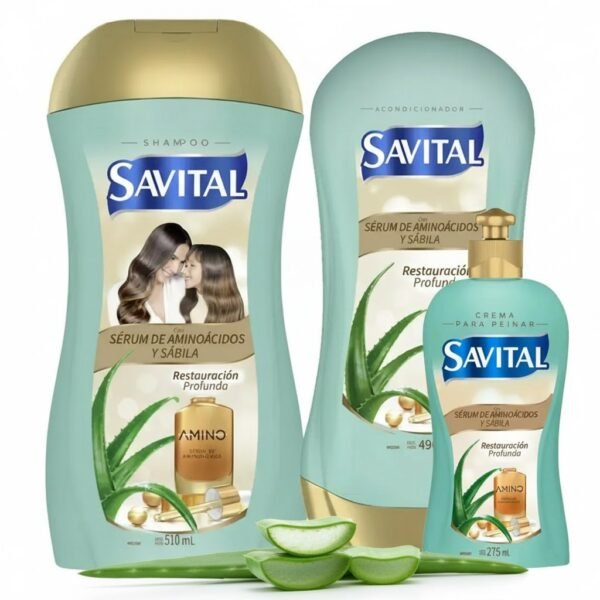 Savital Shampoo Aminoacidos 510mL, Acondicionador Aminoacidos 490mL, Crema para peinar Aminoacidos 275mL (3 Pack)